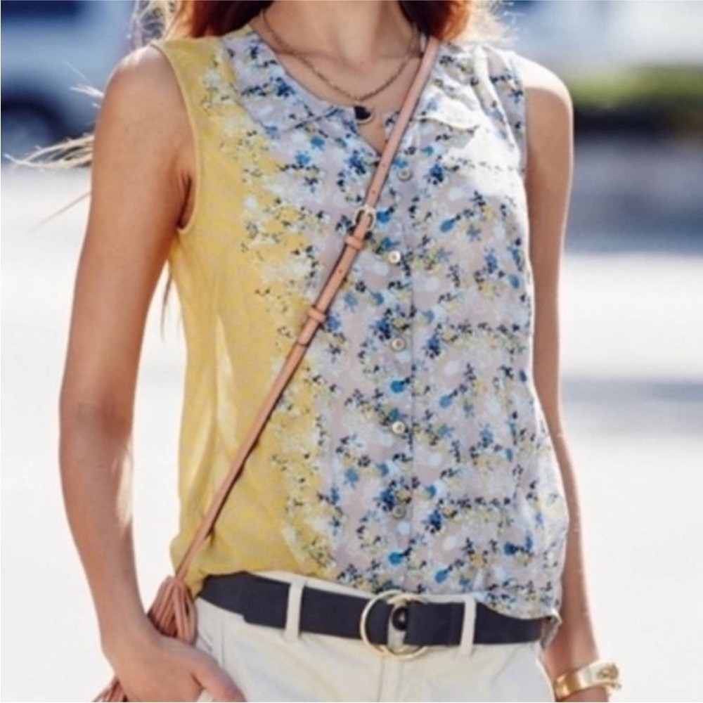 CAbi Offsides 50/50 Semi Sheer Button Blue and Yellow Blouse Women’s Size S